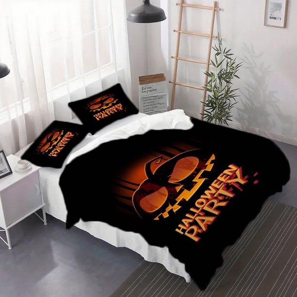 3pcs Spooky Pumpkin Duvet Cover Set - Soft Comfortable Bedding with Zipper Closure Machine Washable Polyester