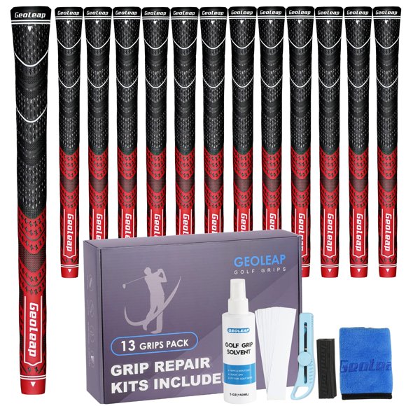 Juego de 13 empuñaduras de golf Geoleap, rojas, talla media, con kit de reparación