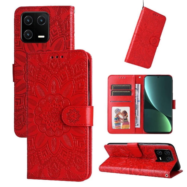 Funda tipo cartera FOXDOCK para Xiaomi 13 , diseño girasol en relieve, cuero PU, cierre magnético, soporte y tarjetero