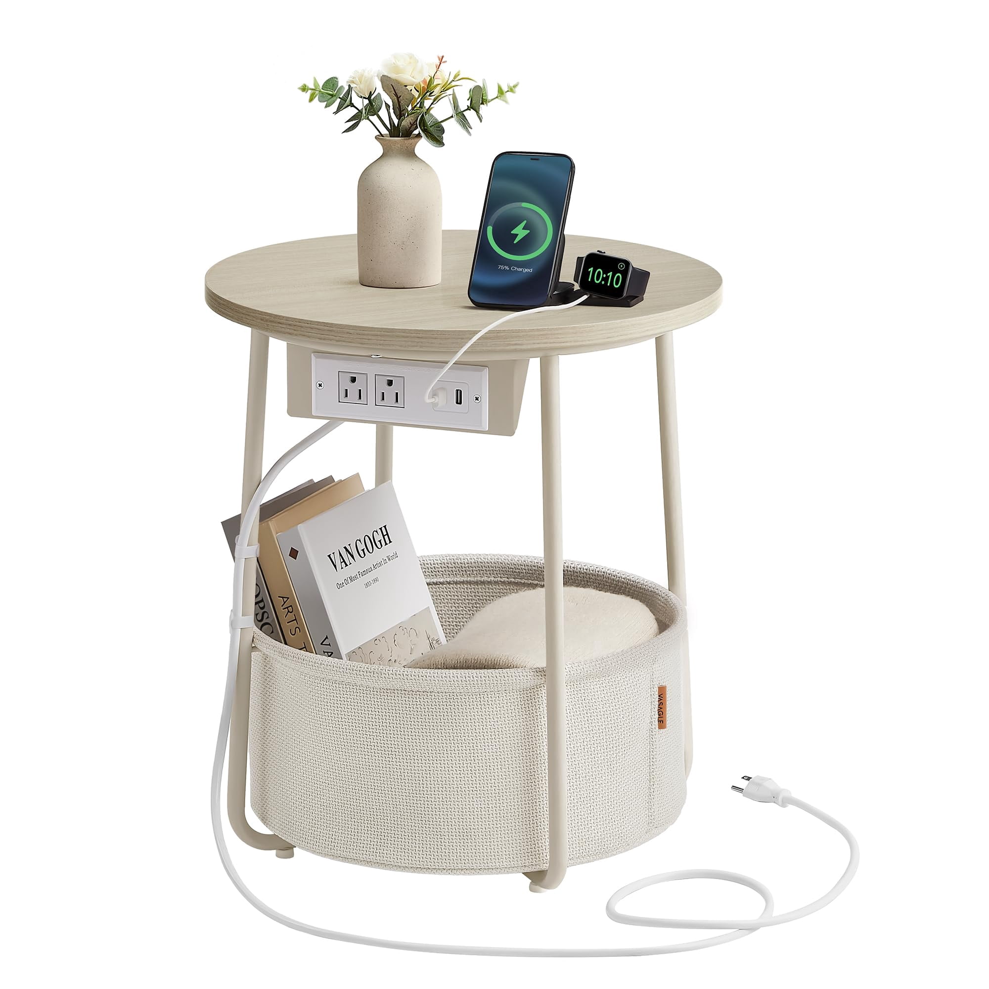 Mesa Auxiliar Vasagle Redonda Con Estación De Carga, Color Blanco Crema