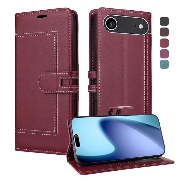 Premium Wallet Case for iPhone 17 Air with Card Slots & Kickstand, Flip Cover Red