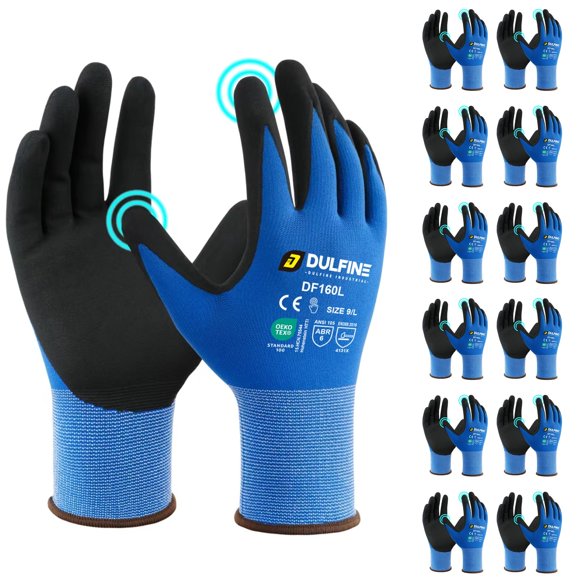 Guantes de trabajo de seguridad DULFINE con revestimiento de nitrilo de microespuma, 12 pares