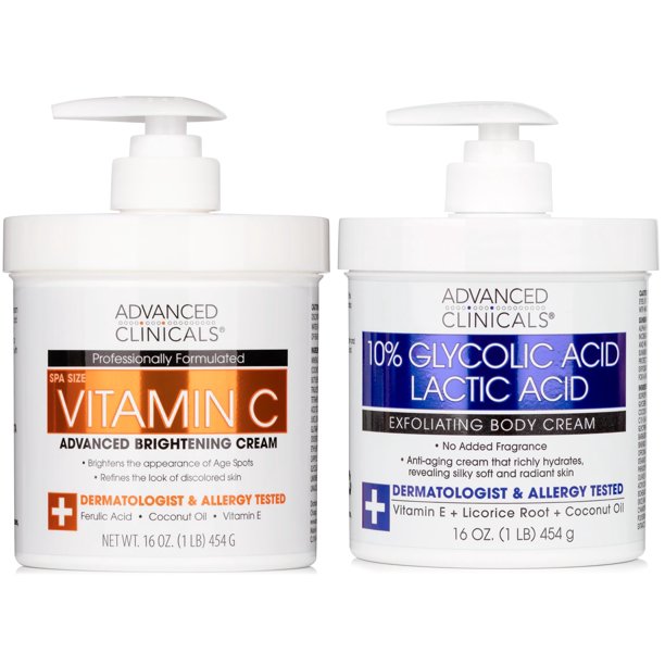 Skin Care Bundle Advanced Clinicals Crema iluminadora con vitamina C y loción corporal exfoliante con 10% de ácido glicólico y ácido láctico