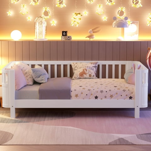 M&Ms - Twin Size Wood Platform Bed For Kids, Wood Low Profile Twin Bed With Rails For Girls And Boys, White (Patented Design, Old Sku W2593P190148)
