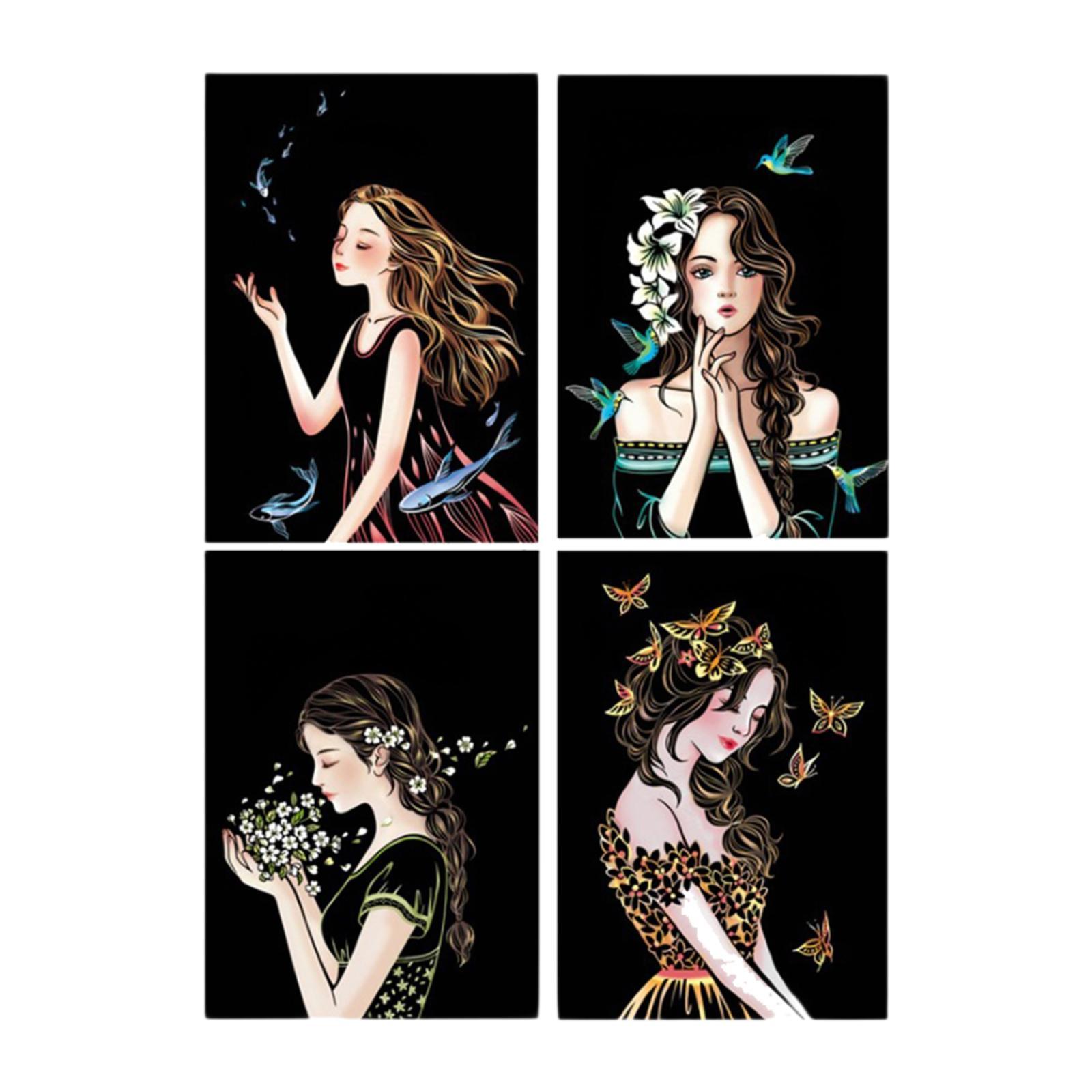 Magideal - 4 Piezas De Tarjetas De Papel Para Rascar, Suministros De Bricolaje, Hojas Para Rascar Negras, Adornos De Tarjetas Para Dibujar, Juguetes Educativos, Chica