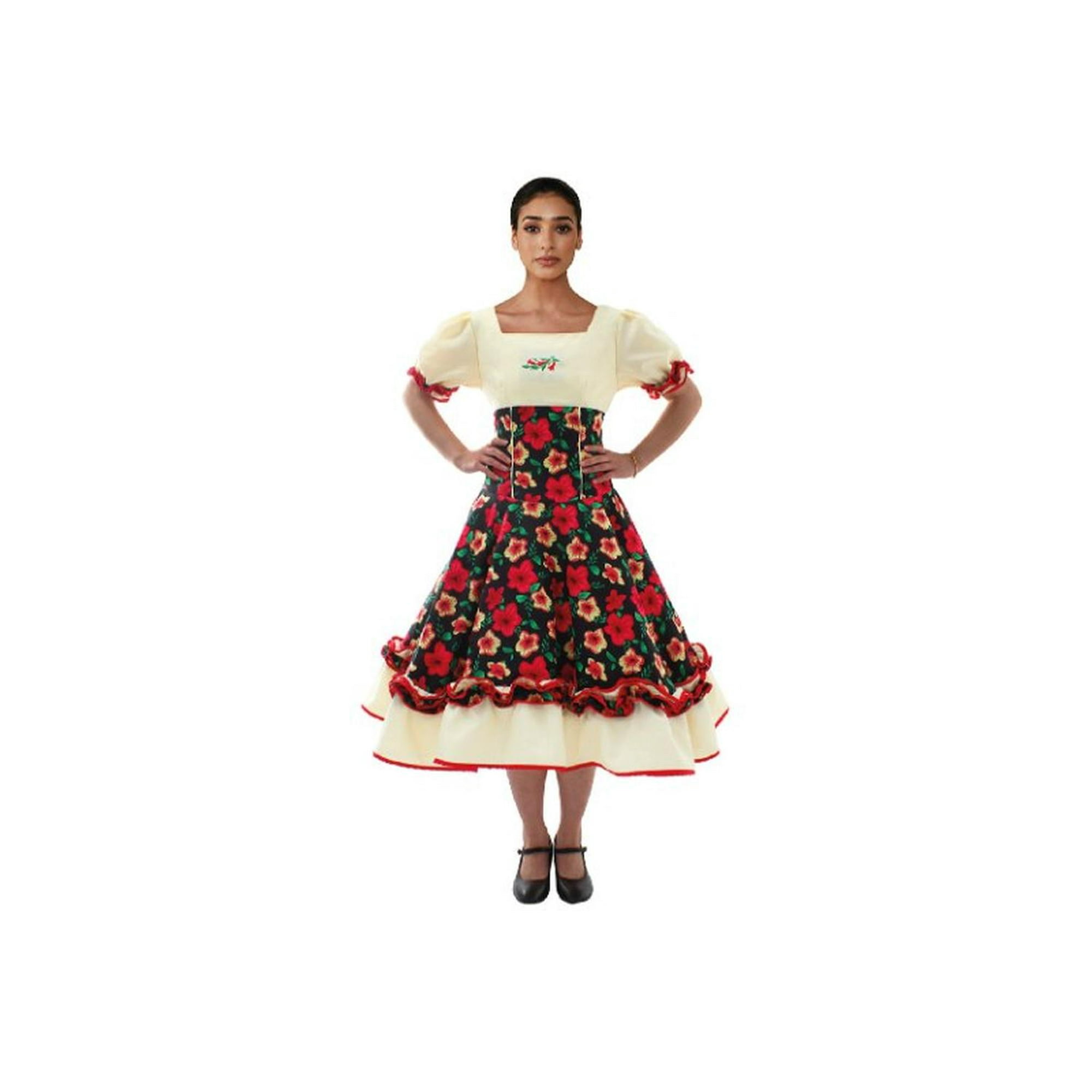 Wanny - Vestido Comp Huasa Chinita Floreado Negro Blanco Mujer Negro L