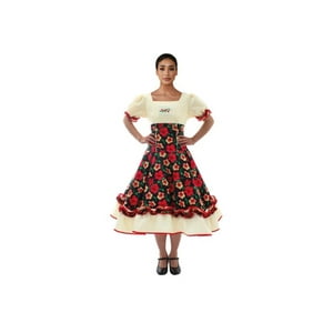 Wanny - Vestido Comp Huasa Chinita Floreado Negro Blanco Mujer Negro L