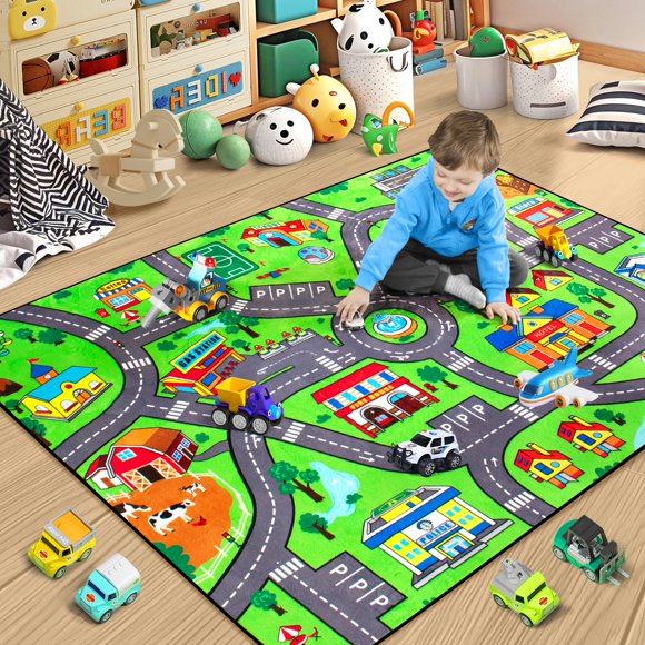 Alfombra de juego Diysani 183 cm × 274 cm para niños – Ruta de coches