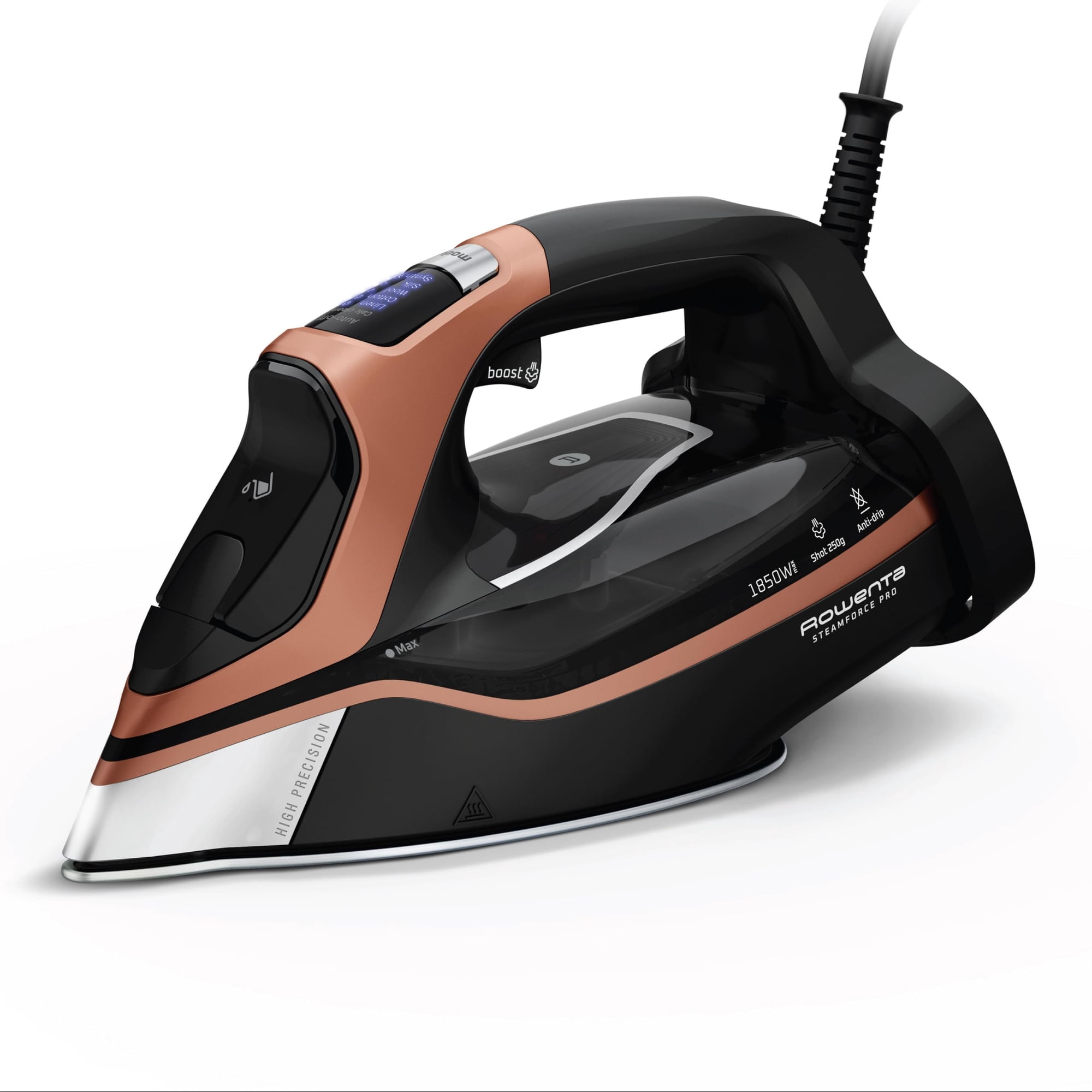 Plancha De Vapor Rowenta Steam Force Pro 1850w, 5 Presets, Color Negro Y Cobre