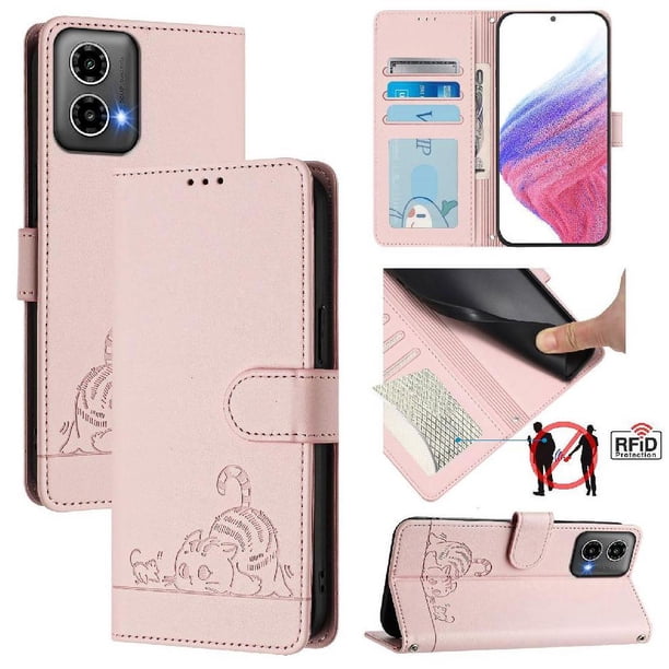 Funda tipo cartera FOXDOCK para Motorola Moto G34 5G con soporte, ranuras, RFID, diseño de gato