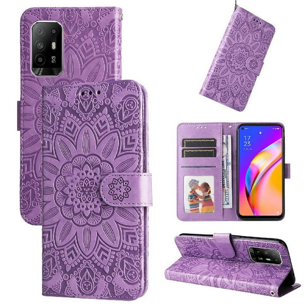 Funda tipo cartera FOXDOCK para OPPO A94 5G , diseño girasol en relieve, cuero PU, cierre magnético, soporte y tarjetero