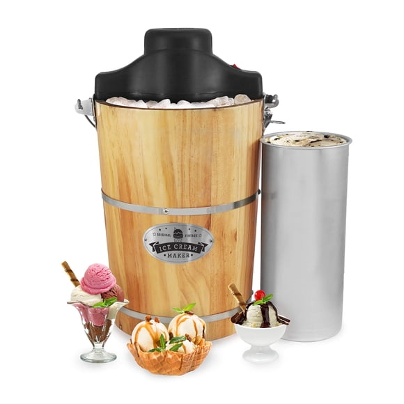 Elite Gourmet - Máquina eléctrica para hacer cubos de madera vintage de 6 cuartos de galón, manivela clásica fundida a presión, utiliza helado de sal de roca en minutos, color negro