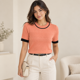 thumbnail image 1 of Polera Rib Mujer Tejida Manga Corta Cuello Redondo Bicolor naranja Talla Única, 1 of 3