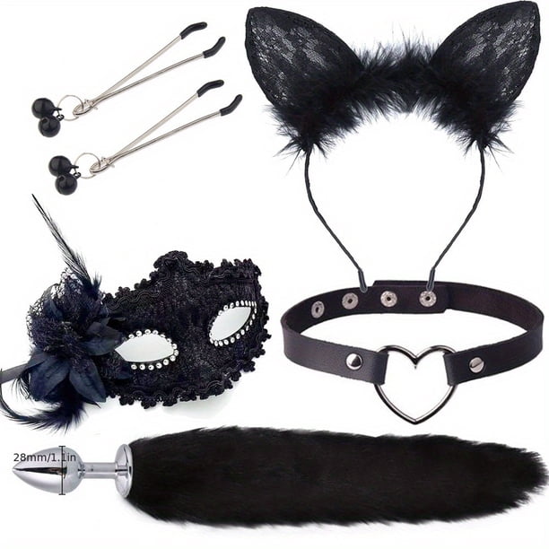 4pcs Couple Flirting Kit - Fox Ear Headband, Tail Anal Plug, Eye Mask, and Nipple Clamp - Sexy Cosplay Costume for Passionate Play