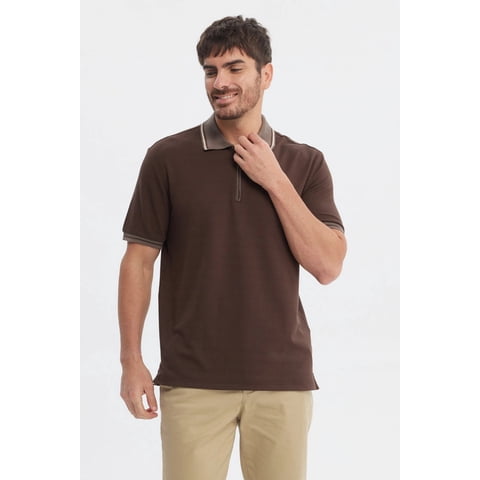 Fashionspark - Polera Hombre Textura Cierre Polo Chocolate