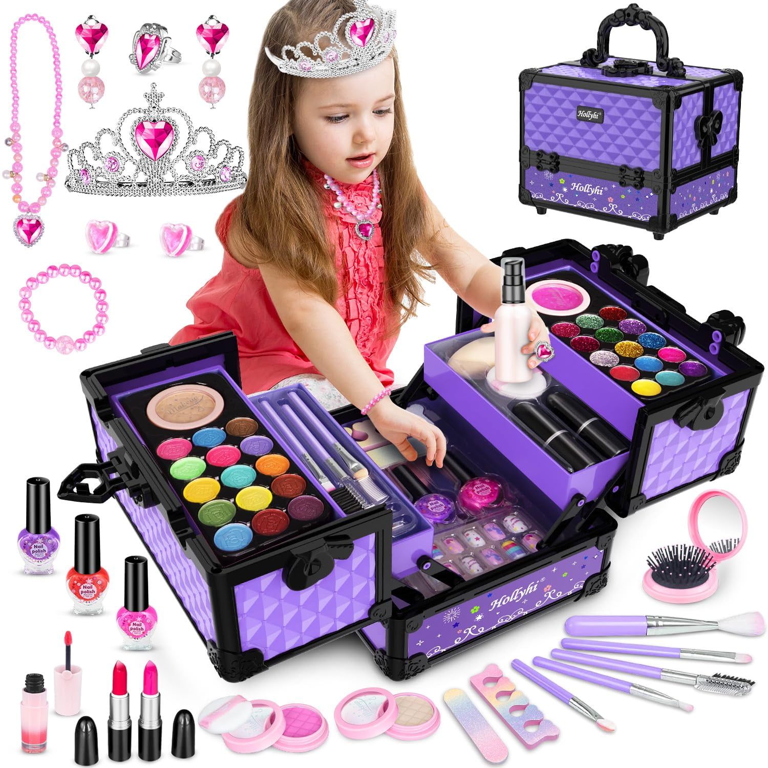 Kit De Maquillaje Hollyhi, 62 Unidades, Para Niñas De 3 A 12 Años, Con Funda Morada