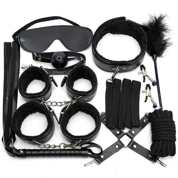 10pcs/set Men's Sexy Restraints Bondage Props, Plush Adjustable Handcuffs Shackles Collar, Whip, Eye Mask, Nipple Clips, Rope, Feather Tickler, Sex Toys, SM Tools, Sex Accessories, Couple Gift