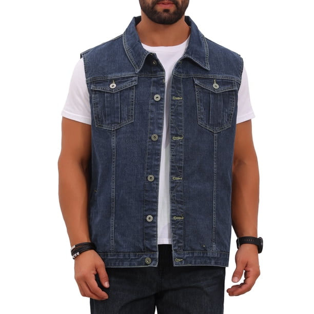 INSPIRE CHIC Chaleco de Mezclilla para Hombre con Múltiples Bolsillos, Botones al Frente, Sin Mangas, Talla S, Gris Azul