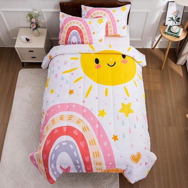 Lightwe-ight So-ft 3 Piece R-ainbow Comfort-er Set with 2 Pillo-w Covers Cartoon Lo-ve Hearts Suns -and Stars Bedding Set- for Girls Boy-s Kids Twin Dark Blue