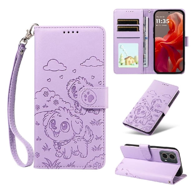 Funda Cartera para Motorola Moto G85 5G Perro Cachorro Grabado con Tarjetas Soporte Correa Morado