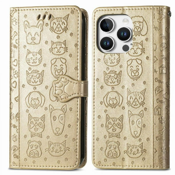 Funda Cartera FOXDOCK para iPhone 16 Pro , Flip PU con Relieve de Gatos y Perros, Tarjetero y Soporte