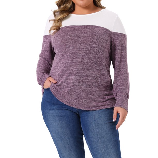 Agnes Orinda Blusa Casual Suelta de Punto de Manga Larga con Cuello Redondo y Bloque de Color para Mujer de Talla Grande, Talla 3X, Púrpura