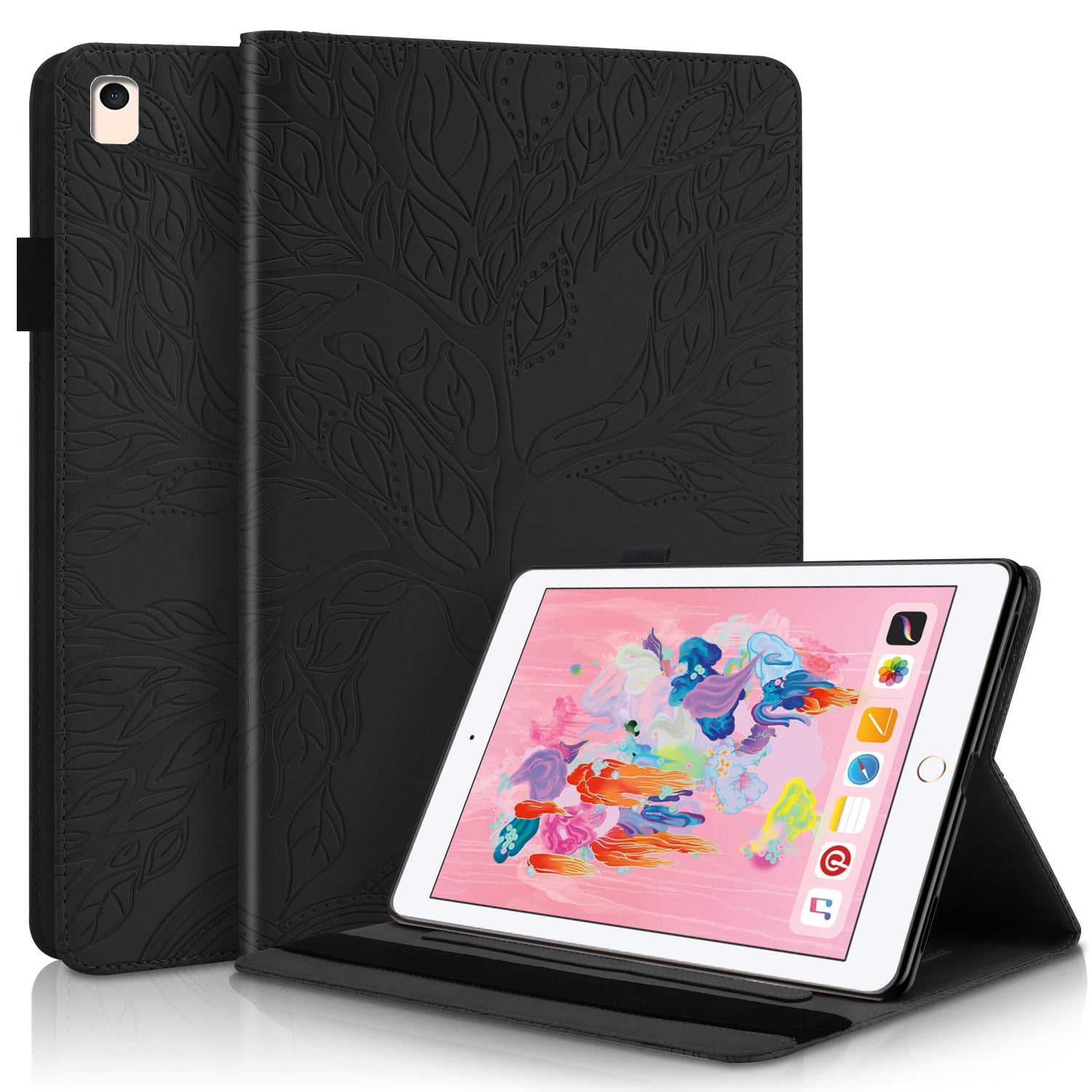 Foxdock - Funda Con Relieve Del Árbol De La Vida Para Tablet Ipad 5/6/8/9 Con Soporte, Ranuras Para Tarjetas Y Soporte Para Lápiz Óptico. Negro