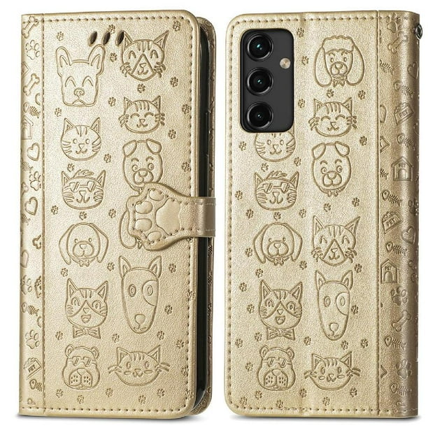 Funda Cartera FOXDOCK para Samsung Galaxy A14 5G , Flip PU con Relieve de Gatos y Perros, Tarjetero y Soporte