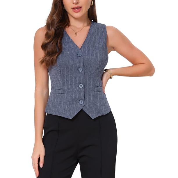 INSPIRE CHIC Chaleco de Mujer a Rayas sin Mangas con Cuello en V y Botones con Cinturón Trasero para Trabajo y Casual XS Azul Denim