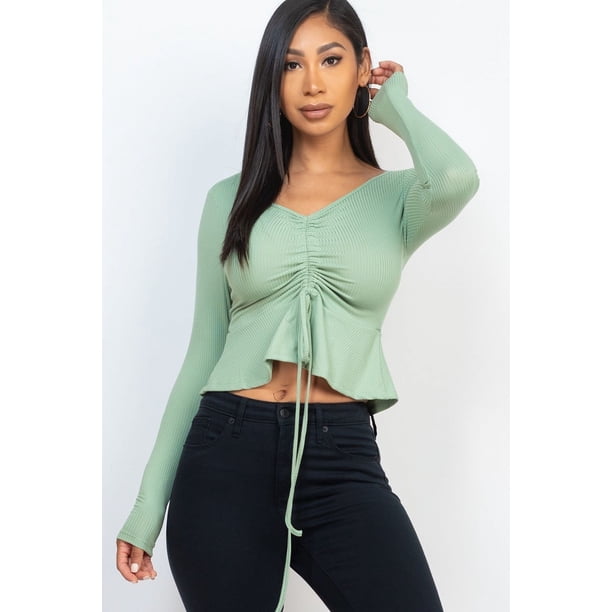 Top Peplum de Manga Larga con Cordón Delantero Acanalado