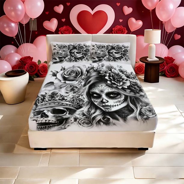 Tattoo Design Printed Fitted Sheet Set Both Stylish and Warmly Romantic Suitable for All Seasons! An Ideal Gift for Family Friends Holidays and Parties Includes