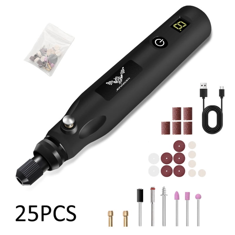 Jenabom - Herramienta Rotativa Inalámbrica Negra Con Juego De Accesorios De 25 Piezas Kit De Herramienta Rotativa Eléctrica De Velocidad Variable Con Carga Usb, Adecuada Para Proyectos De Manualidades.