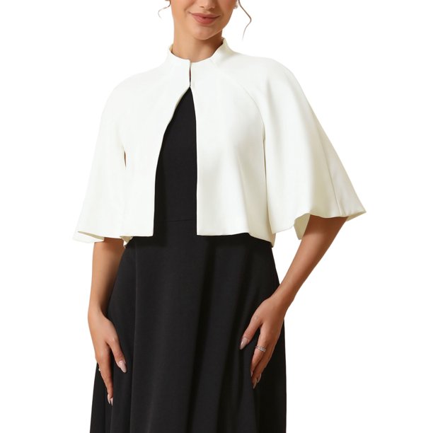 INSPIRE CHIC Blazer de Cóctel de Noche con Capa, Cuello Redondo, Manga Corta Dividida, Formal para Mujer, Talla XL, Blanco
