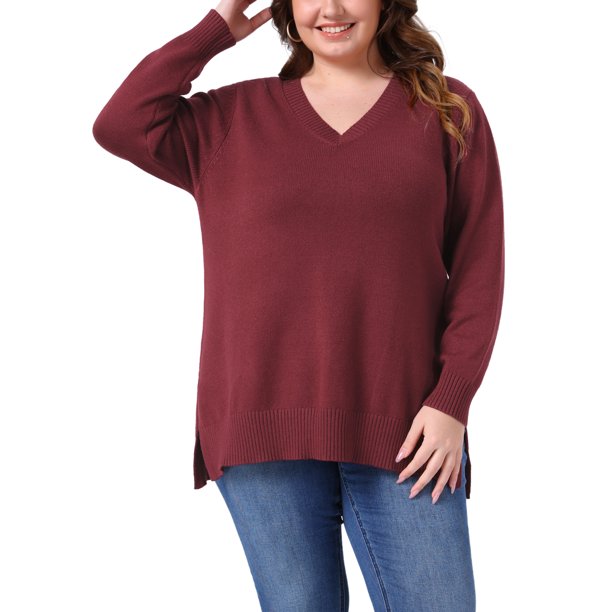 Agnes Orinda Suéter de Talla Grande para Mujer Cuello en V Manga Larga Jersey con Abertura en el Dobladillo Blusa de Punto para Otoño Invierno 3X Rojo