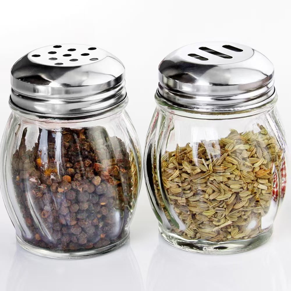 Xusx111 - Shaker De Especias De Vidrio De 5 Onzas Con La Parte Superior Perforada Y Shaker De Queso Con La Parte Superior Ranurada / Conjunto De Dispensadores De Estilo Retro De Remolino A Granel Con