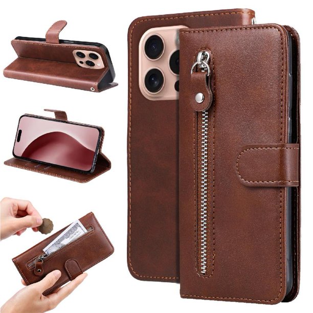 Funda tipo cartera para iPhone 16 Pro con bolsillo con cremallera y ranuras para tarjetas – Función de soporte Marrón