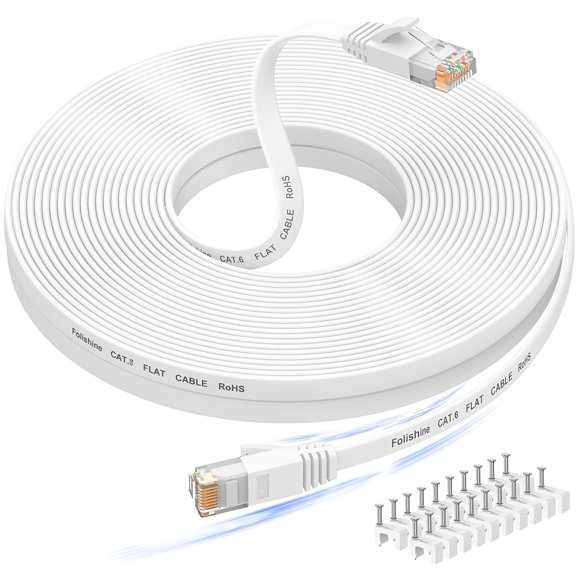 Cable Ethernet Folishine Cat6e de 15 m, plano, blanco, RJ45