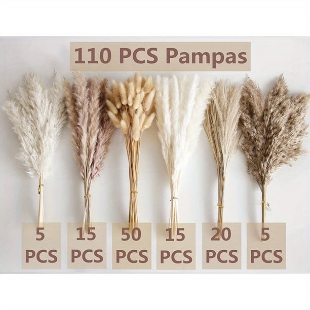 110pcs Dry Dandelion Reed Bouquet, Boho Table Decor, Rabbit Tail Dried Flower, Brown Dandelion Reed, White Dandelion Reed For Wedding, Home, Country Party, Baby Shower Decoration
