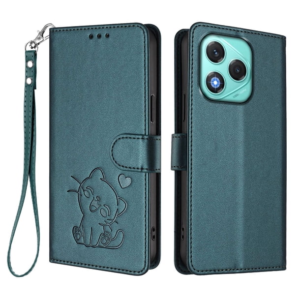 Funda Billetera con Relieve de Gato para Honor 400 Lite, Verde Oscuro