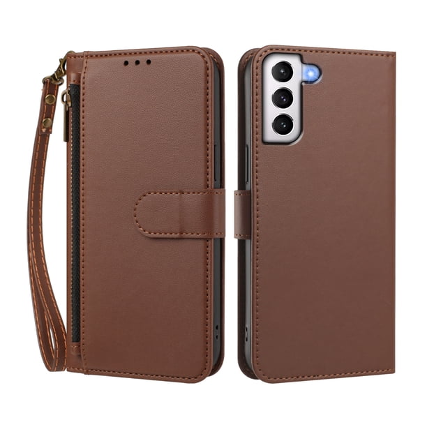 Funda Tipo Billetera para samsung galaxy S21 con Soporte y Bolsillo con Cierre Marrón