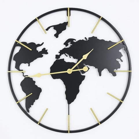 Hogarly - Reloj De Pared Mapa Del Mundo 60 Cm Metal Negro Y Dorado