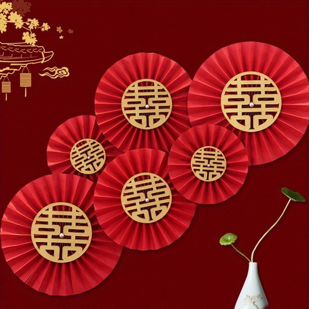 6pcs/set Red Character Door Stickers - 3D Paper-cut Fan-shaped Double Happiness Decorations for Festive Weddings!