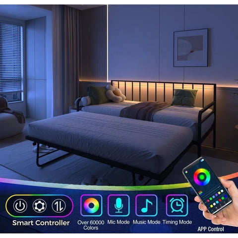 M&Ms - Twin Daybed With Rgb Led Lights & Charging Station, Height Adjustable Day Bed Frame With Trundle, Versatile Metal Sofa Bed Frame For Bedroom, Living Room, Guest Room, Black