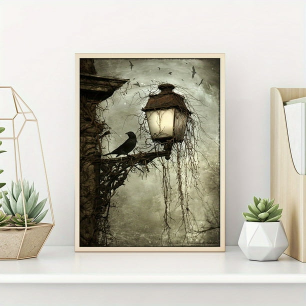 1pc, HD Printed Canvas Painting Wall Art - Crow Under the Lamp Night Scene Home Decoration Pictures for Living Room Decor