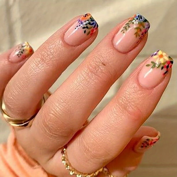 24pcs Spring Summer Flower Leaves Fake Nails, Nude Pink Press On Nails Medium, Glossy Square Glue On Nails, Full Cover ABS False Nails With Glue Sticker And Nails File For Women And Girls