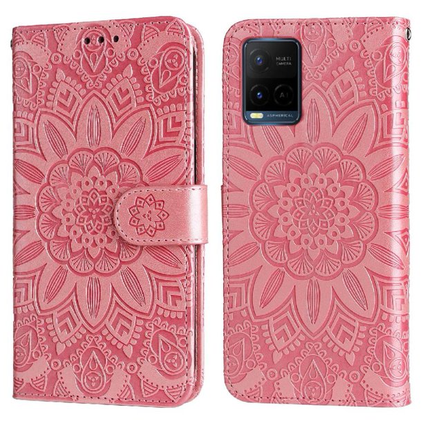 Funda tipo cartera FOXDOCK para Vivo Y33s 4G , diseño girasol en relieve, cuero PU, cierre magnético, soporte y tarjetero