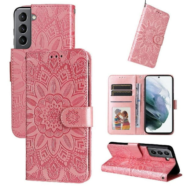 Funda tipo cartera FOXDOCK para Samsung Galaxy S21 , diseño girasol en relieve, cuero PU, cierre magnético, soporte y tarjetero