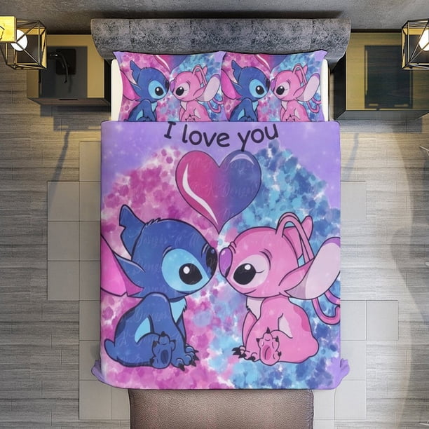 Comforter Set Queen Size Stitch and Angel Set with 2 Pillowcases for All SeasonsBedding Set 3pcs for Kids Boys Girls Bedroom Decor Bed Sheets