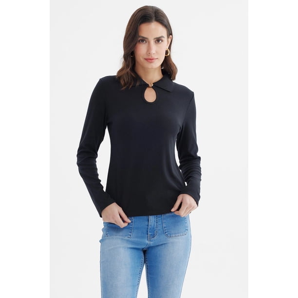 Polera Mujer Detalle Cuello Escote Negro