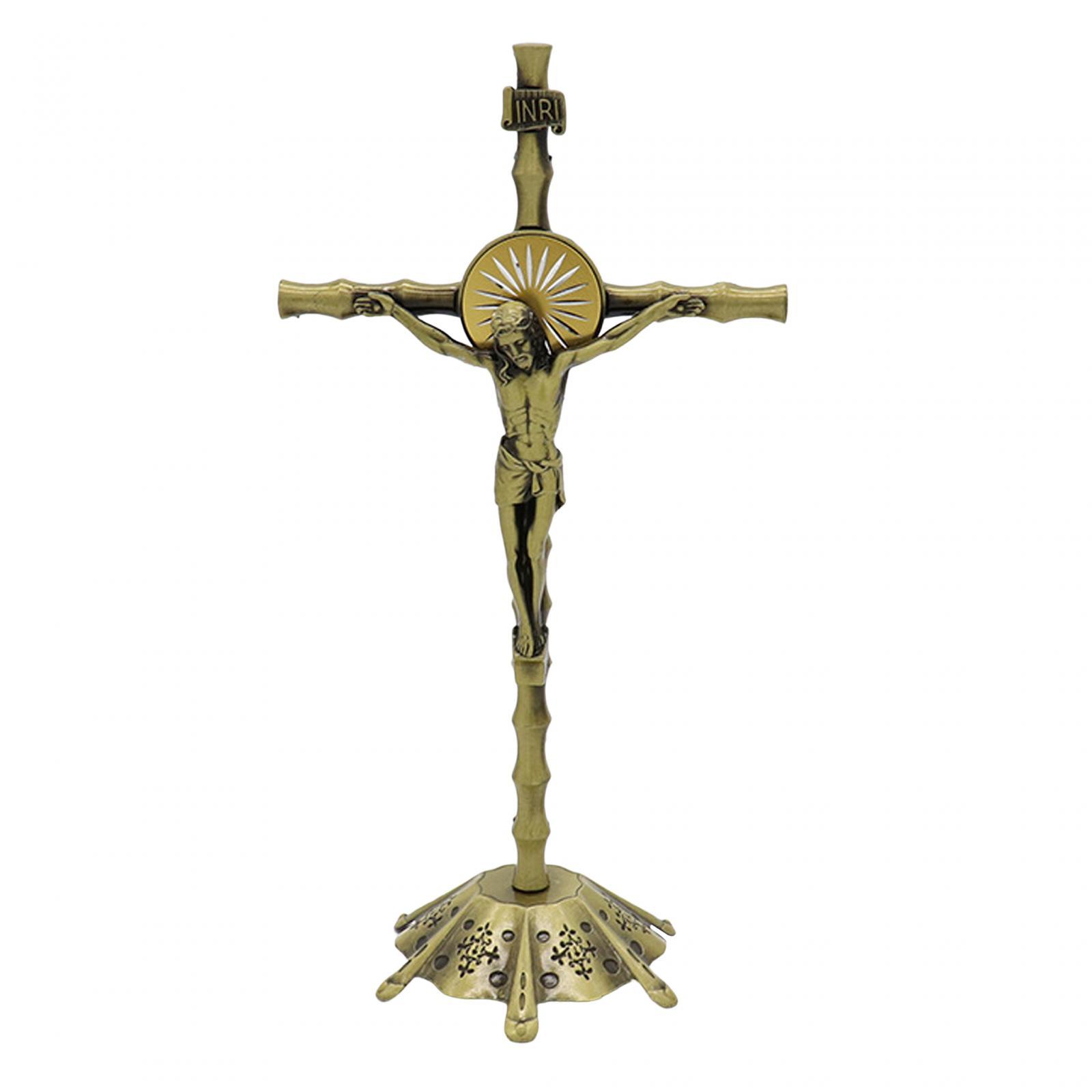 Magideal - Figura De Crucifijo Crucifijo De Pie Con Base Estatua Colección De Oración Cruz Religiosa Estatua Cruz De Pared Para Sala De Estar Acción De Gracias P Bronce